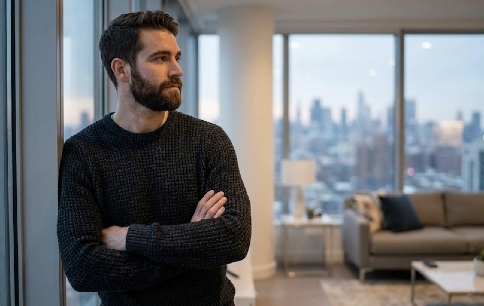A bearded man is seen from the waist up with his arms crossed, looking out a window with a city view.