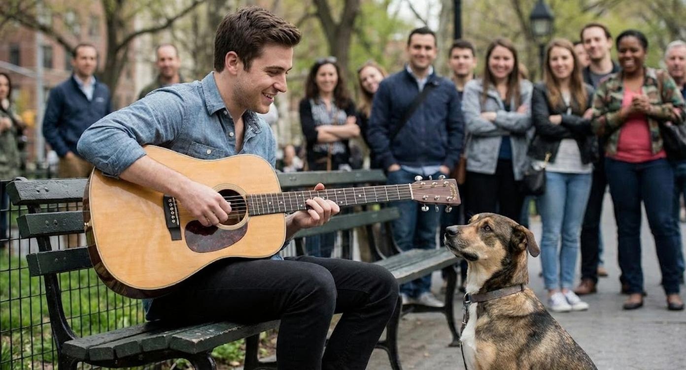 A man with a guitar sits on a bench as his dog and a crowd watch.