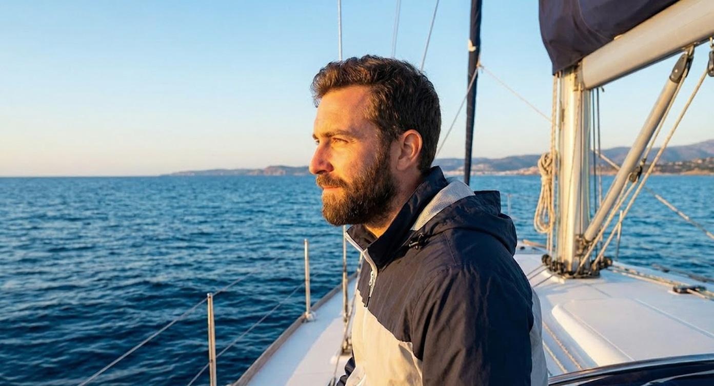 A bearded man gazes out over a calm, blue ocean from a sailing yacht.