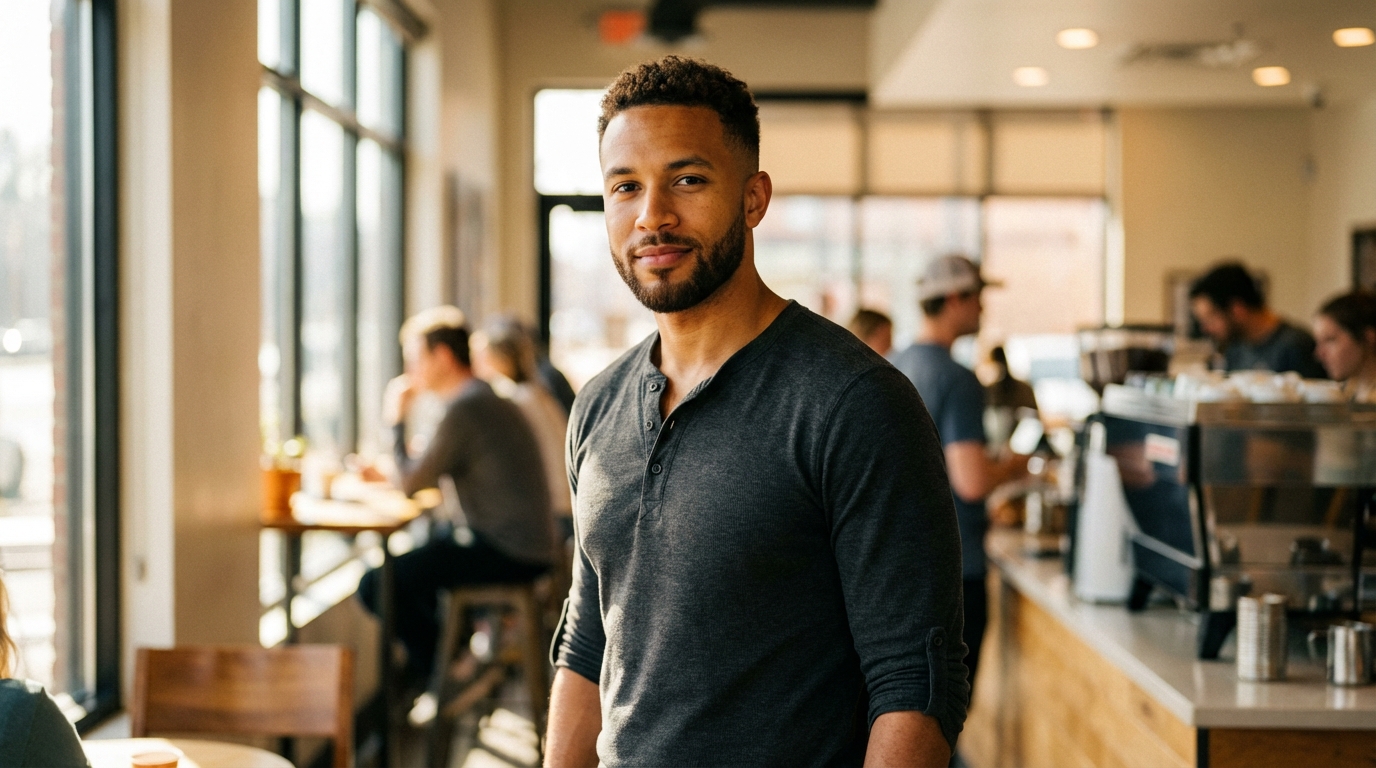 A smiling man in a gray shirt stands in a busy coffee shop.