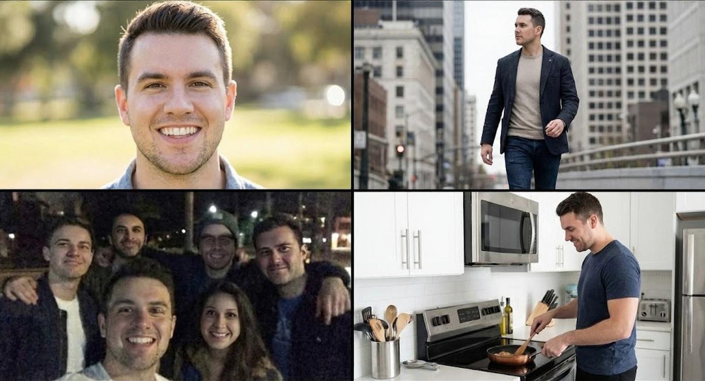 A man in four different scenarios: smiling, walking, with friends, and cooking.