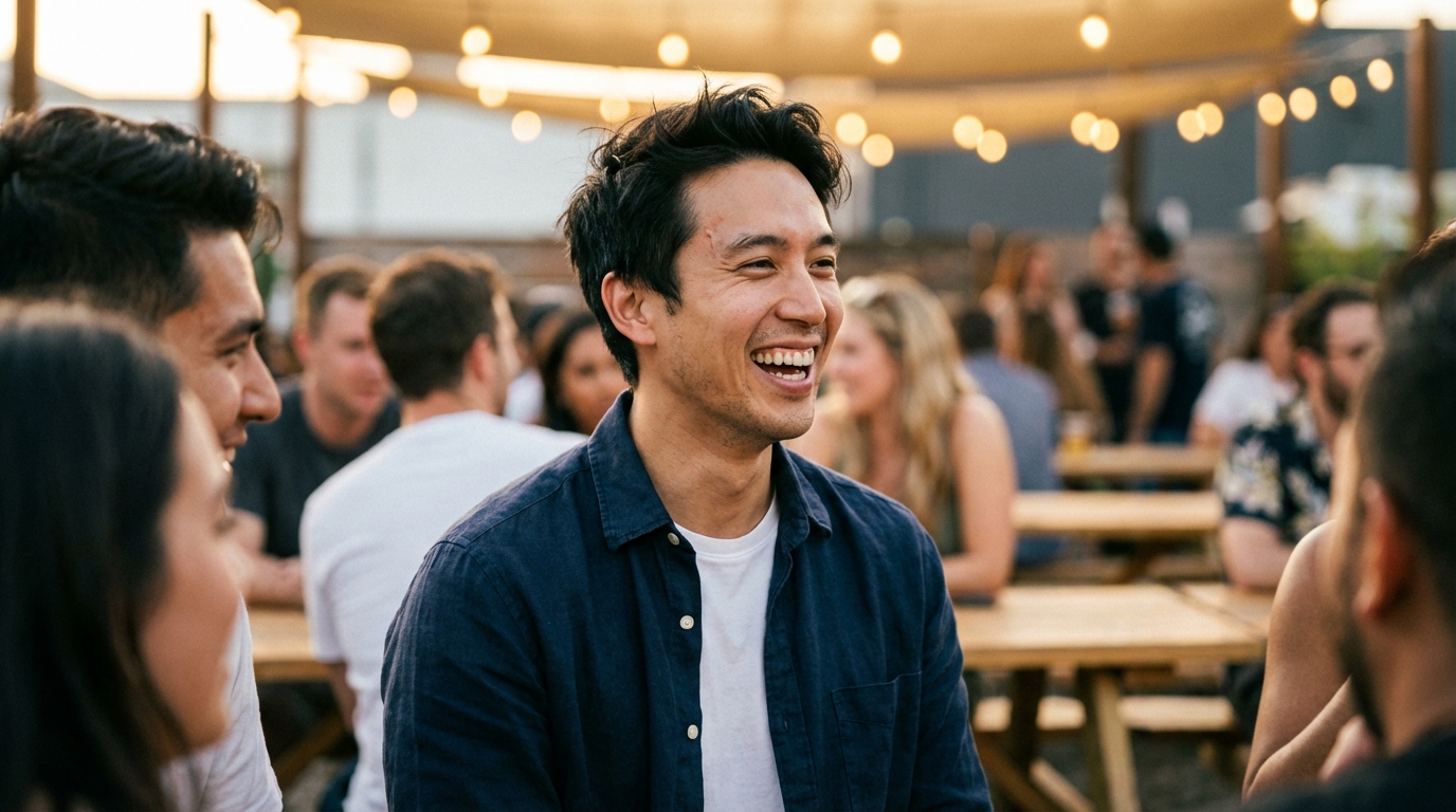 A young man in a dark blue shirt laughs at an outdoor gathering.