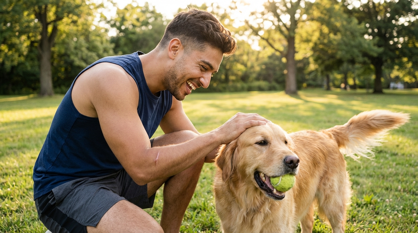Happy man kneels and pets a golden retriever with a tennis ball in its mouth.