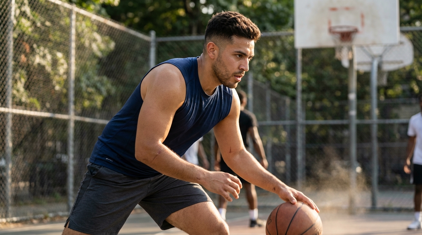 A fit man in a tank top dribbles a basketball on an outdoor court.
