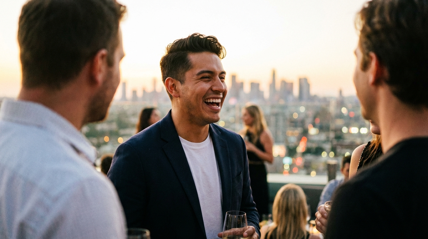 A man in a blue blazer laughs holding a drink at a rooftop party.