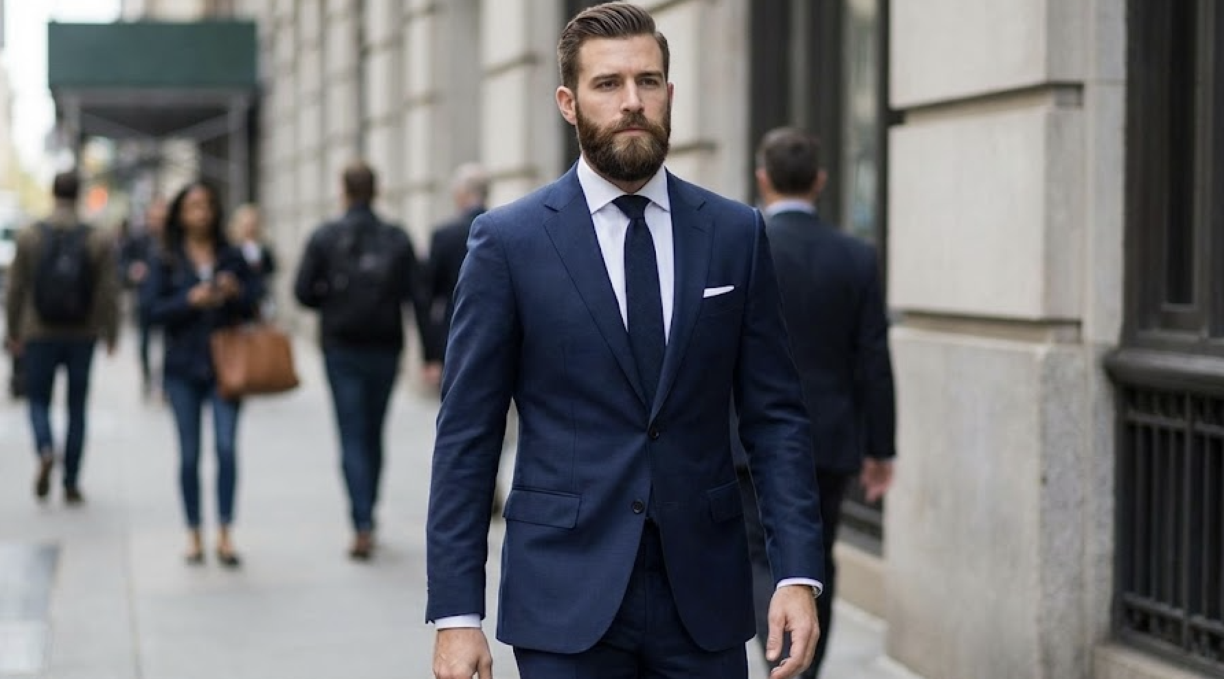 A man in a navy blue suit and tie walks on a city sidewalk.