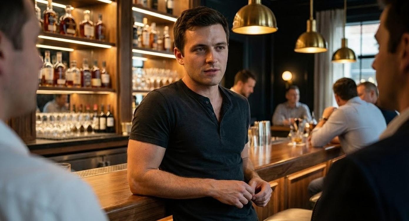 A man in a black shirt leans on a wooden bar with bottles behind him.