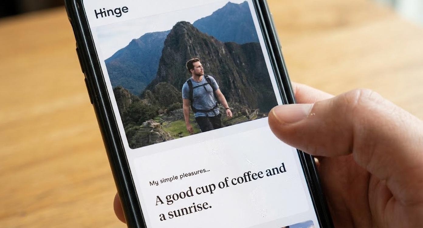 A man's hand holds a phone displaying a Hinge dating profile with a mountainous outdoor photo.