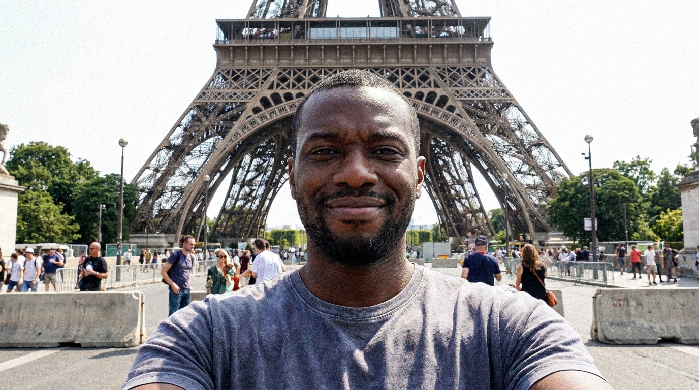 A man smiles taking a selfie in front of the Eiffel Tower.
