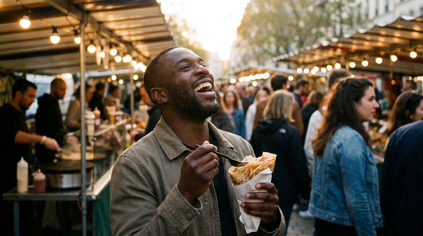 A man with a beard joyfully laughs while eating a crepe at a busy outdoor market.