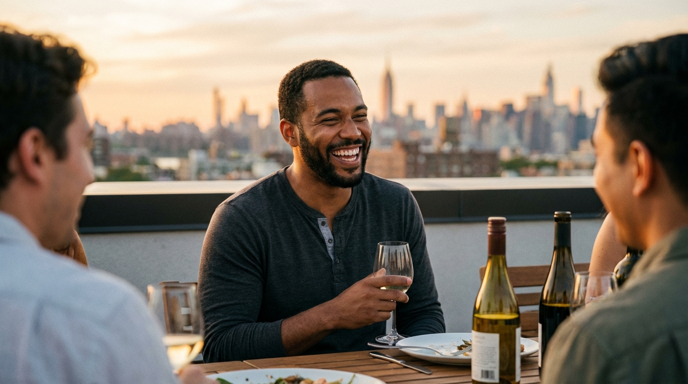 A group of friends laughing and dining outdoors on a rooftop with a city skyline at sunset.
