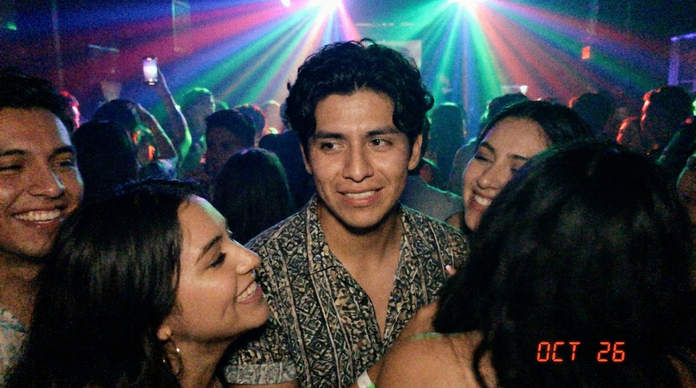 Young diverse adults are happily socializing in a crowded nightclub with colorful lights.