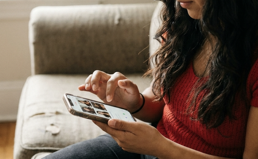 A woman in a red sweater browses social media on her smartphone on a couch.