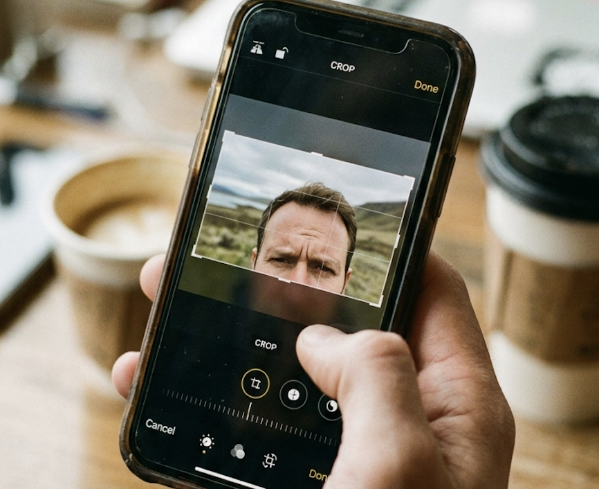 A hand holds an iPhone displaying a photo crop interface with a man's face.