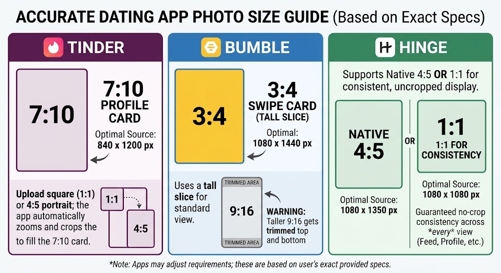 This image features a detailed guide to optimal photo sizes for Tinder, Bumble, and Hinge.