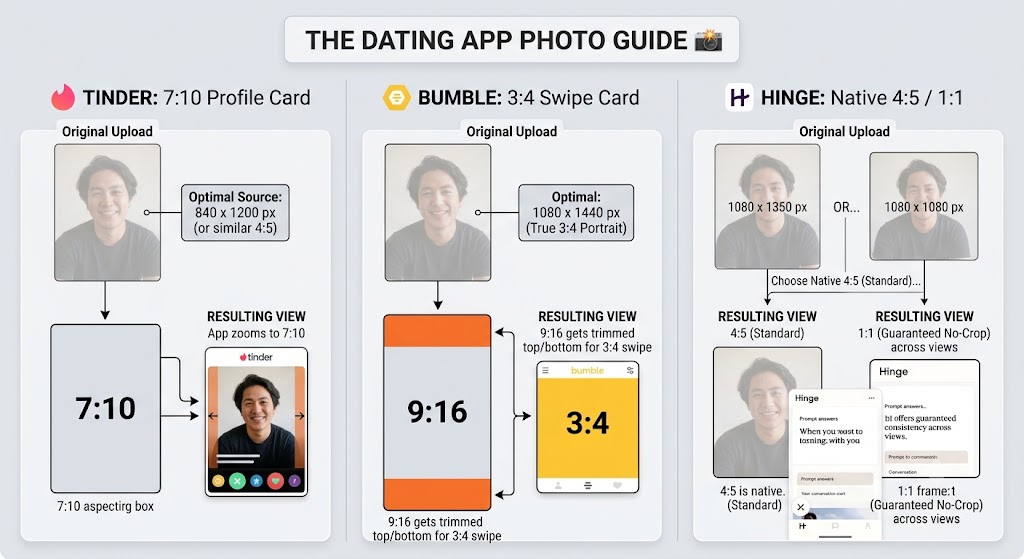 A guide on optimal photo aspect ratios for Tinder, Bumble, and Hinge, featuring a man's portrait.