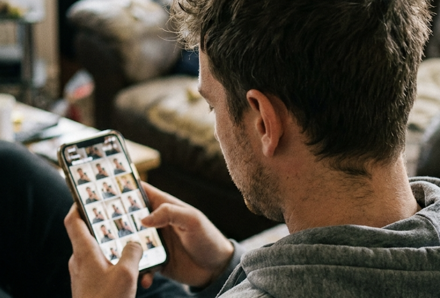 A man views multiple small images on his smartphone that he holds with both hands.