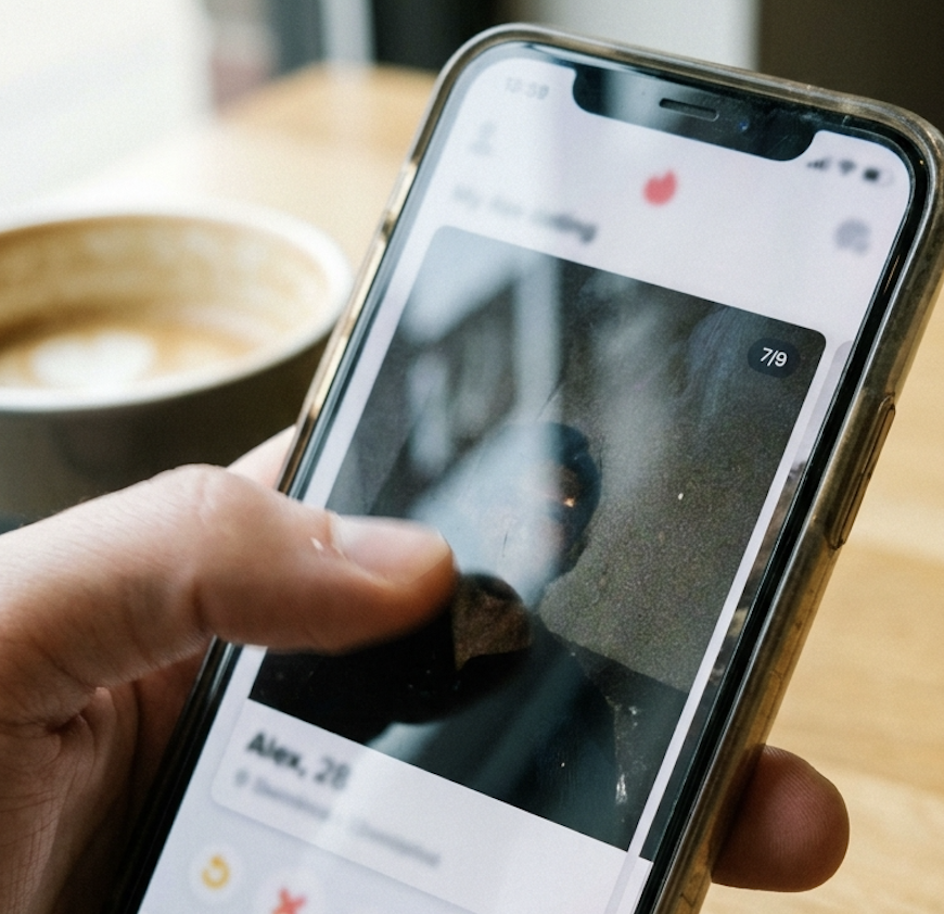 A hand holds a smartphone displaying a dating app profile with Alex, 28, visible.