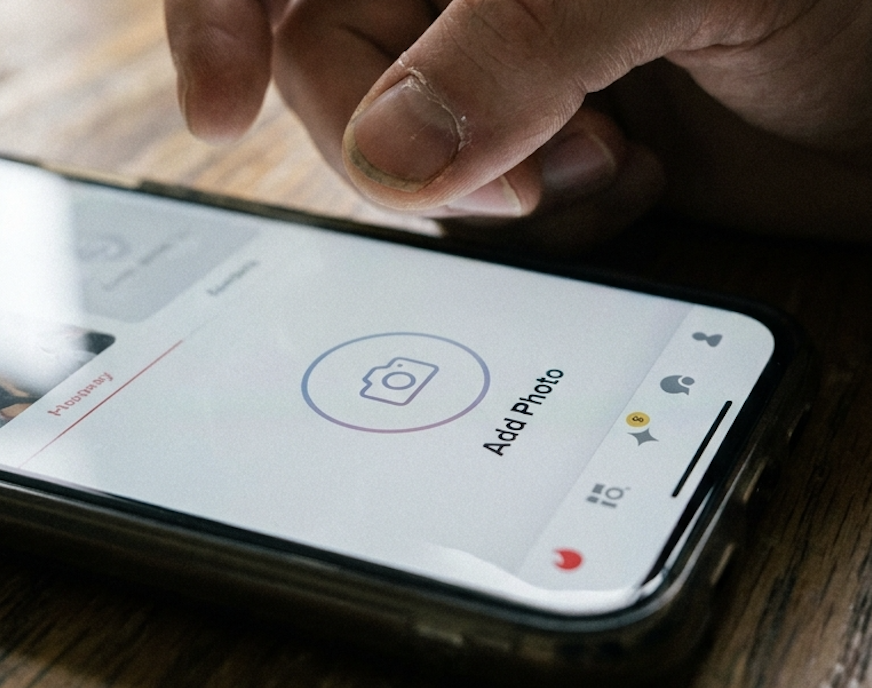 A finger approaches a smartphone showing an app's "Add Photo" screen.