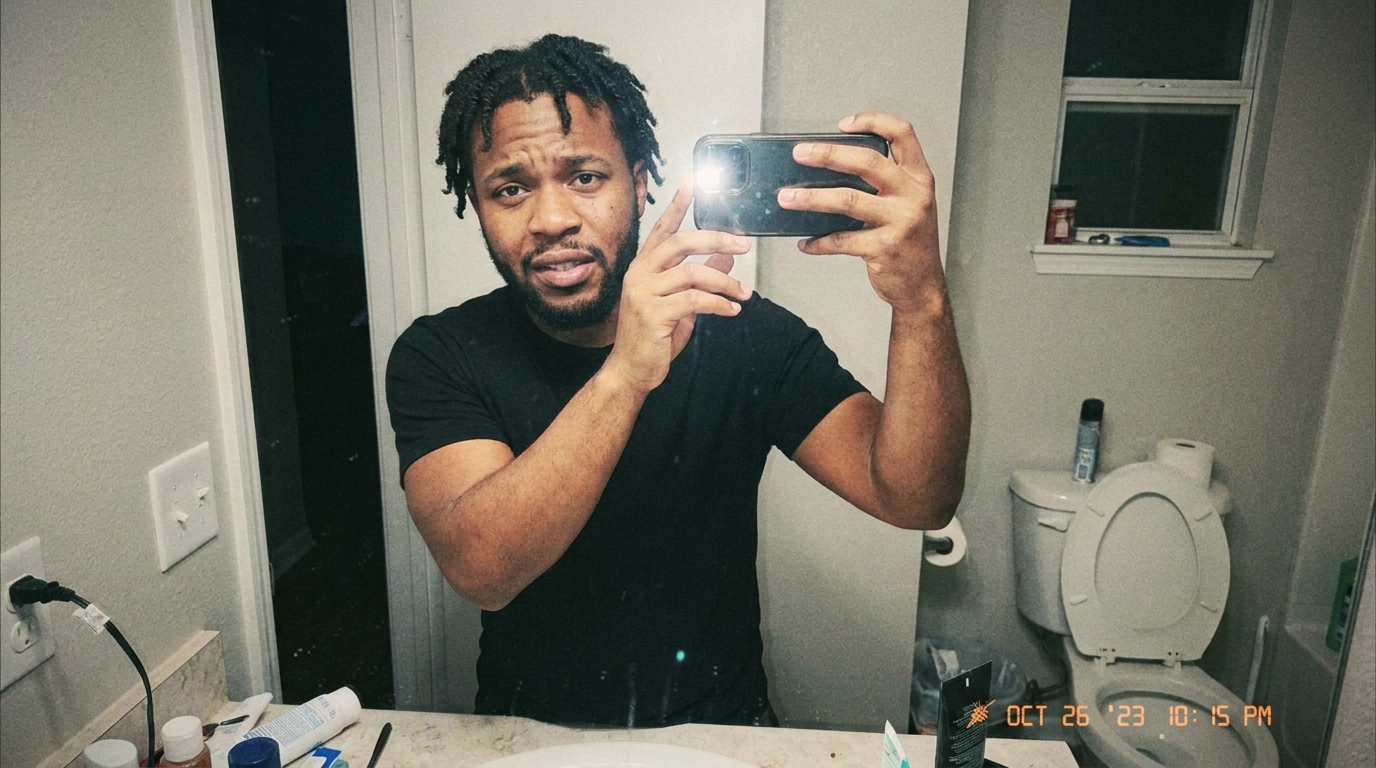 A man with dreadlocks takes a mirror selfie in a bathroom with a toilet.