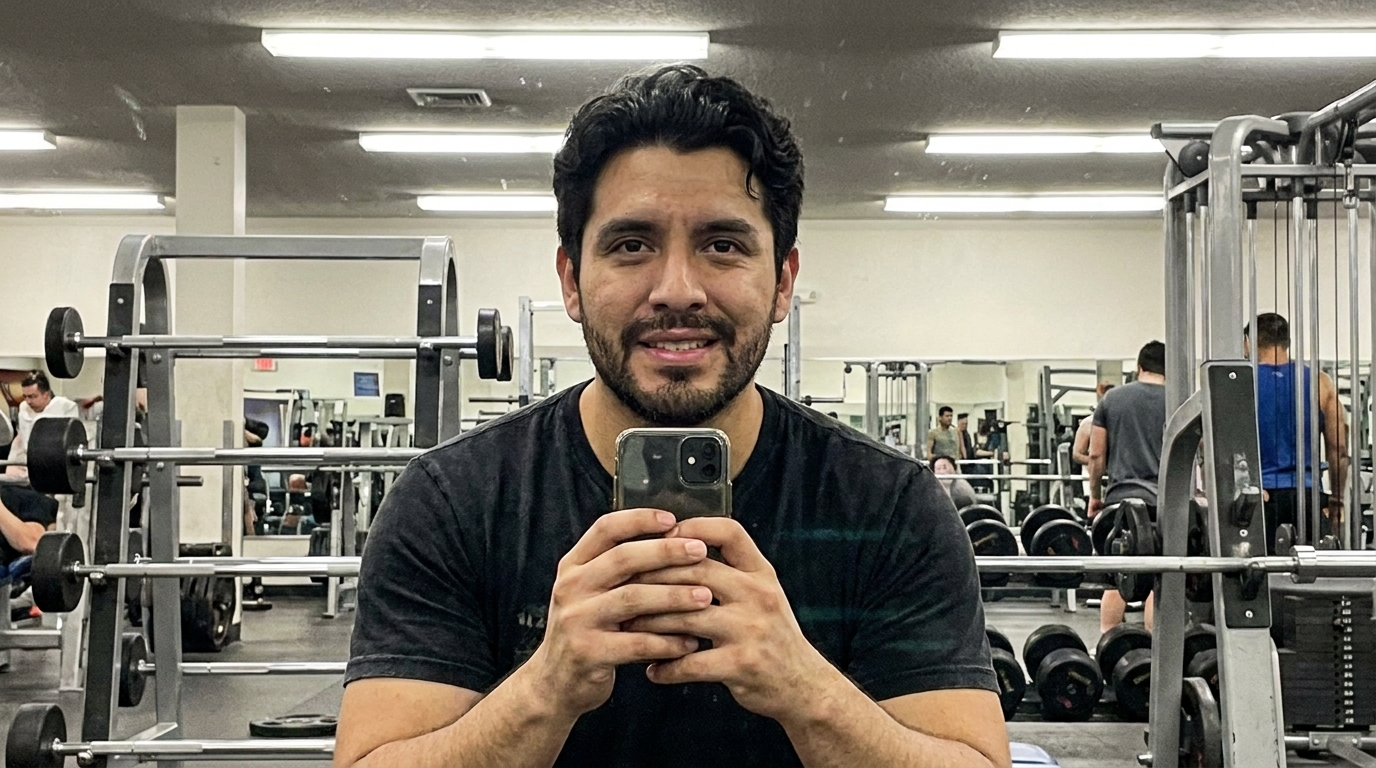 A smiling man in a black T-shirt holds a phone in a gym full of equipment.