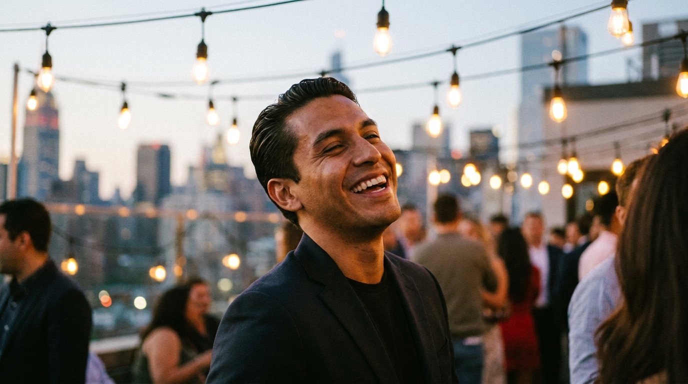 A laughing man in a suit jacket at a rooftop party with cityscapes and string lights.