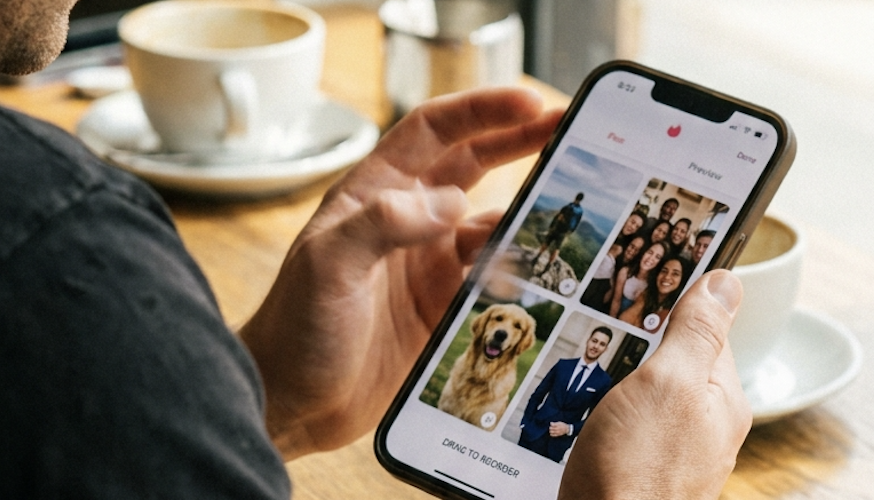 A person customizing an app profile on a smartphone with various photos at a cafe.