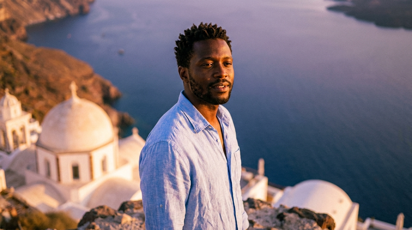 A young man smiles at the camera on a high cliff overlooking Santorini.