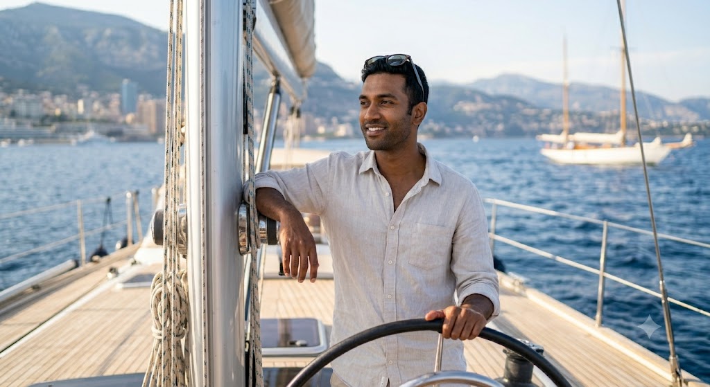 A smiling man in a light shirt steers a sailboat on a sunny day.