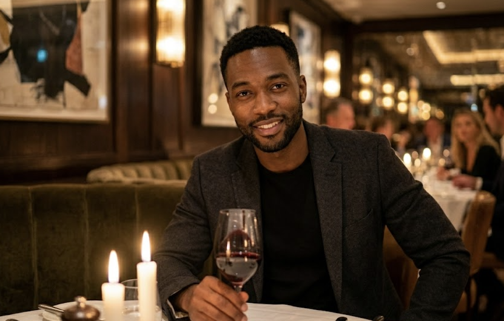 A smiling man in a dark restaurant holds a glass of red wine.