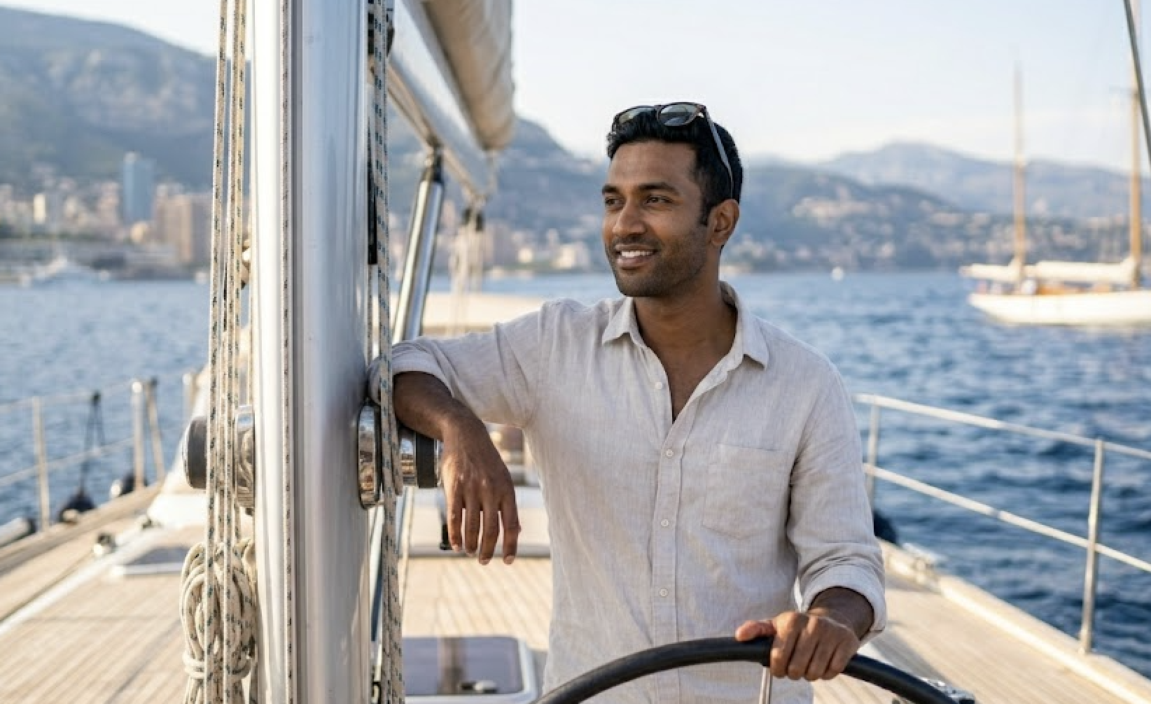 A smiling man in a light shirt steers a sailboat on a sunny day.