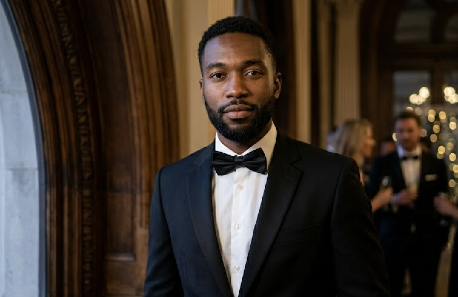 A man in a black tuxedo and bow tie looks directly at the camera.