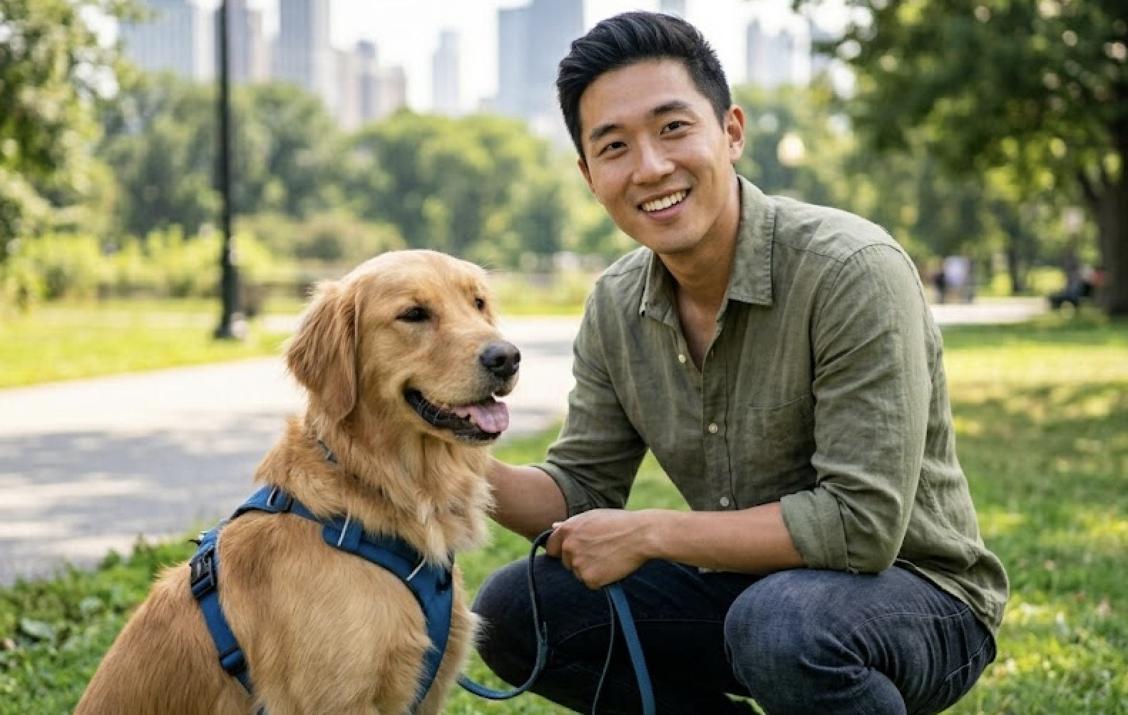 A smiling man kneels next to a golden retriever in a park with city buildings in the background.