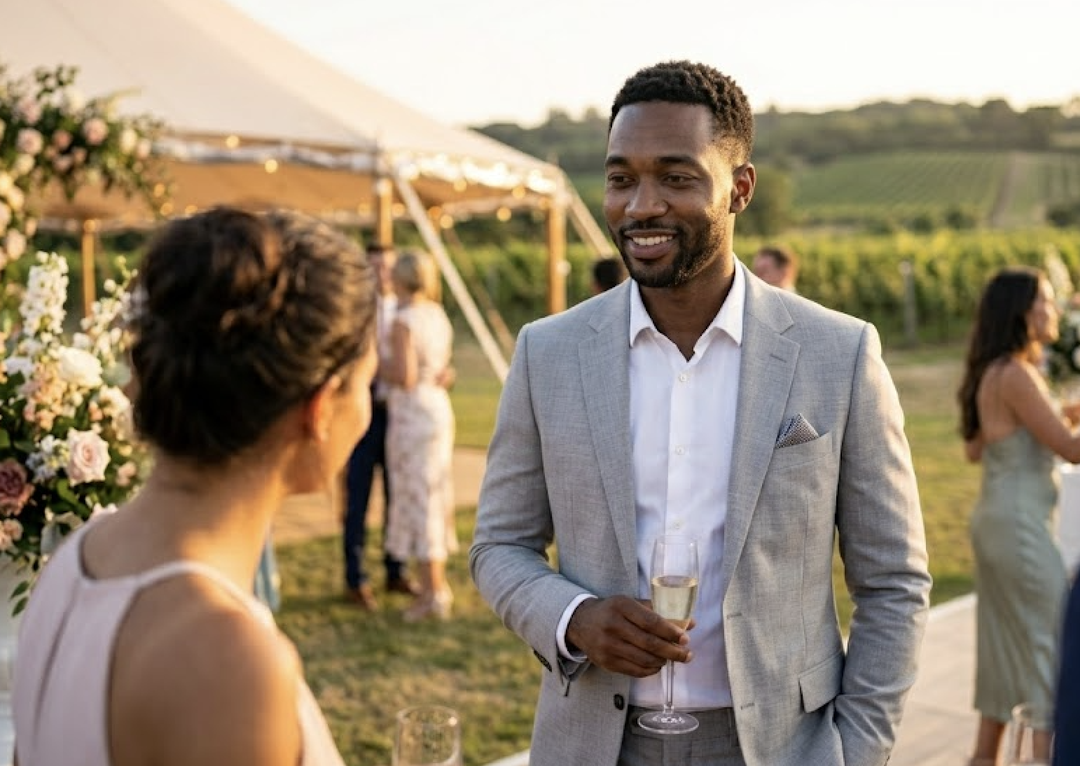 A man in a gray suit holds a champagne glass, smiling at a woman from behind.