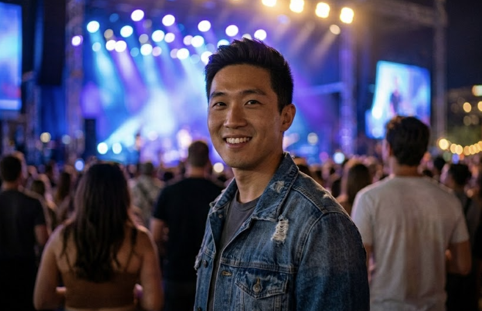 A young man in a denim jacket smiles at a vibrant outdoor concert.