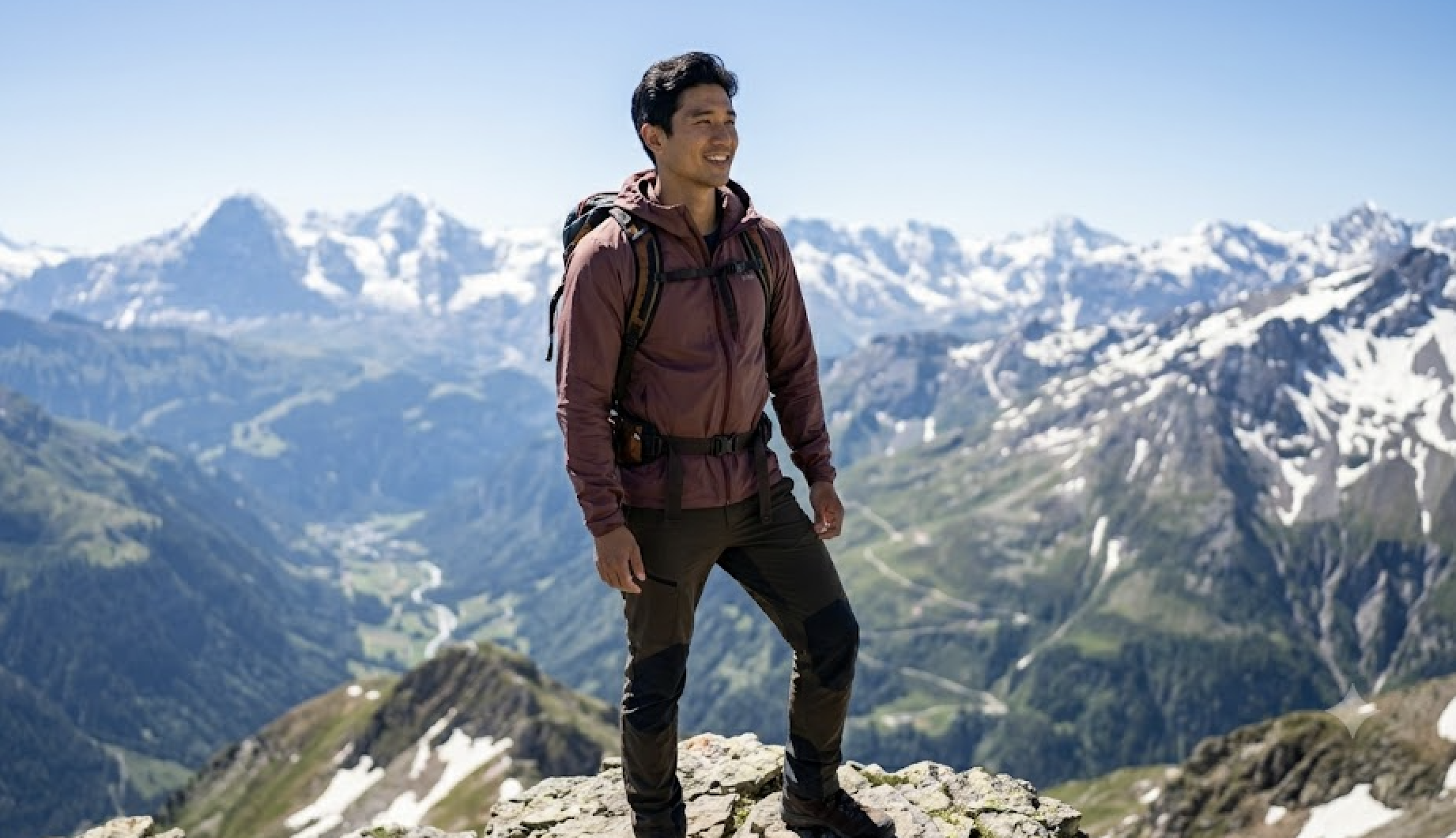 A smiling man in hiking gear stands atop a mountain, overlooking a vast snowy valley.