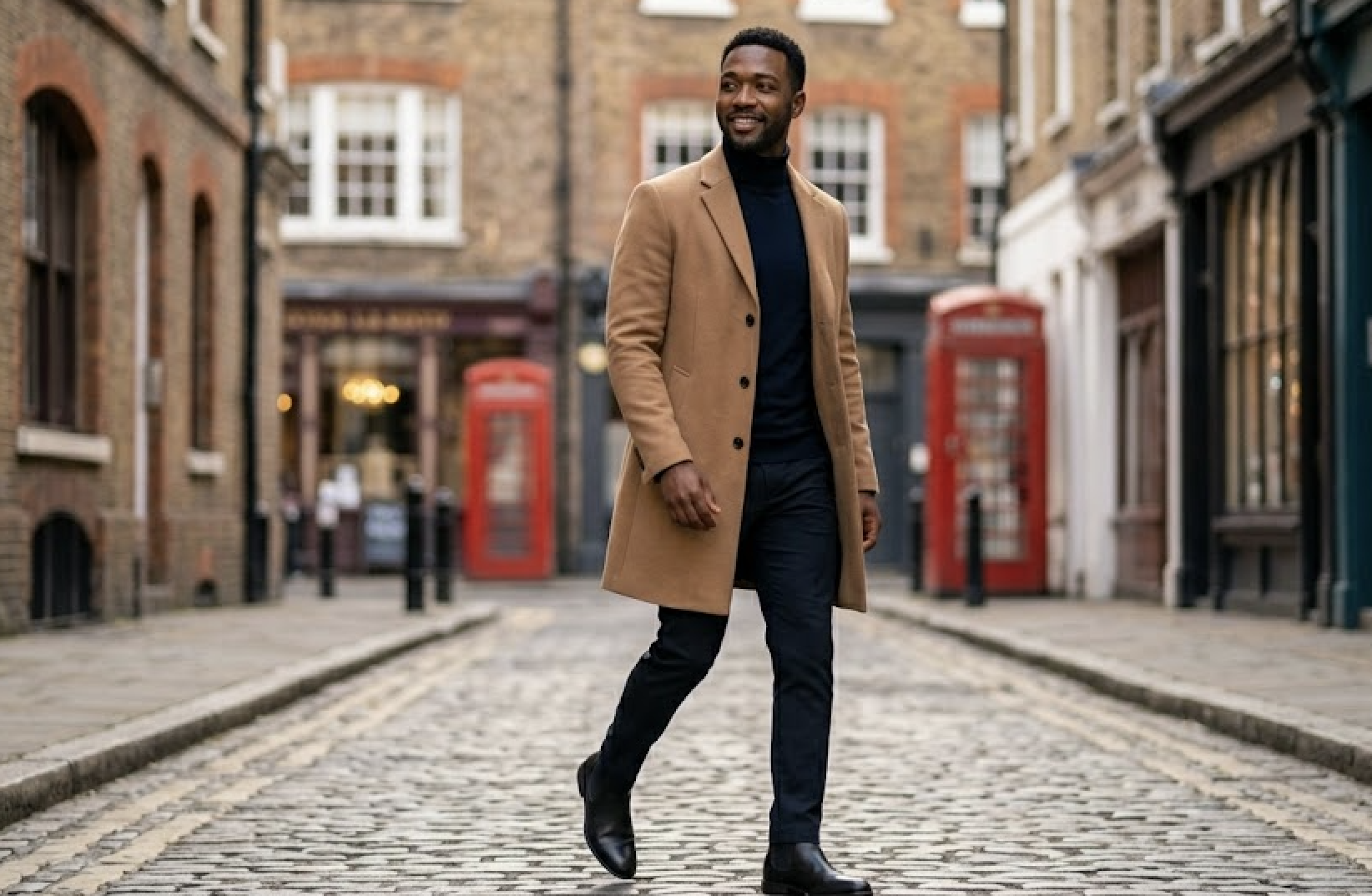 A stylish man in a tan coat and black turtleneck walks on a cobblestone street.