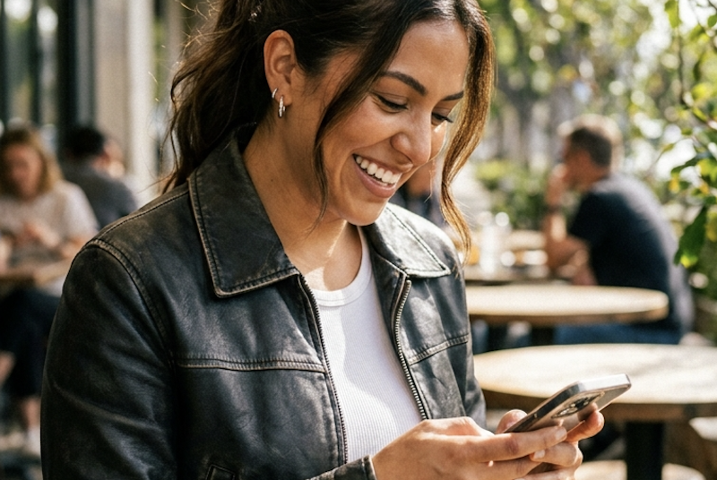 A smiling woman in a leather jacket texts on her phone outdoors.