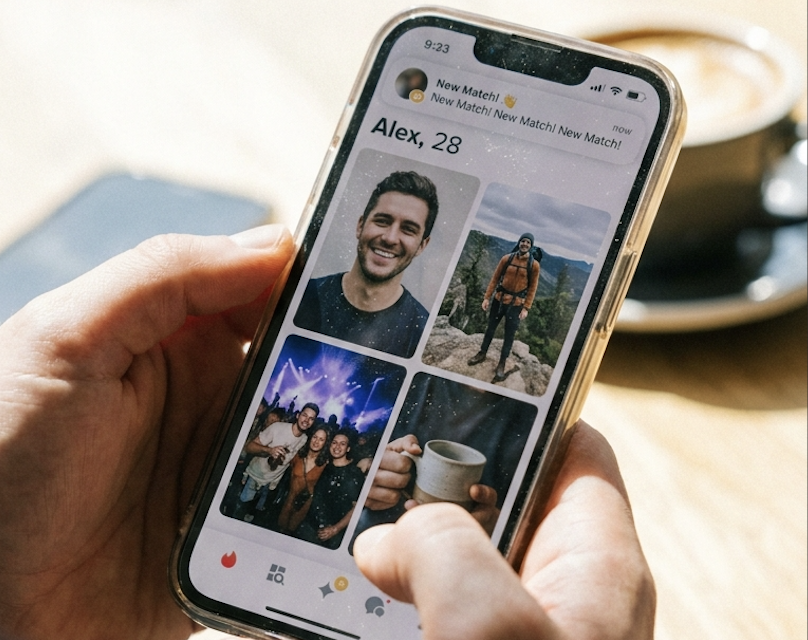 A person holding a phone showing a dating app profile with various photos of a man.
