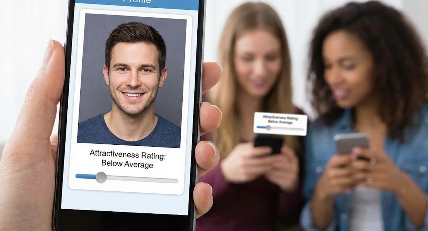 A person holding a phone showing a man's profile with a "Below Average" attractiveness rating.