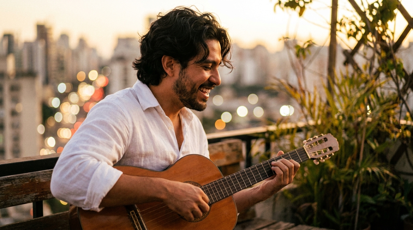 A man smiles while playing acoustic guitar on a rooftop at sunset.