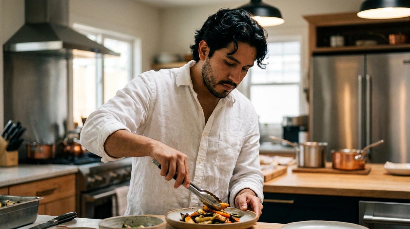 Man in kitchen plating roasted vegetables with tongs.