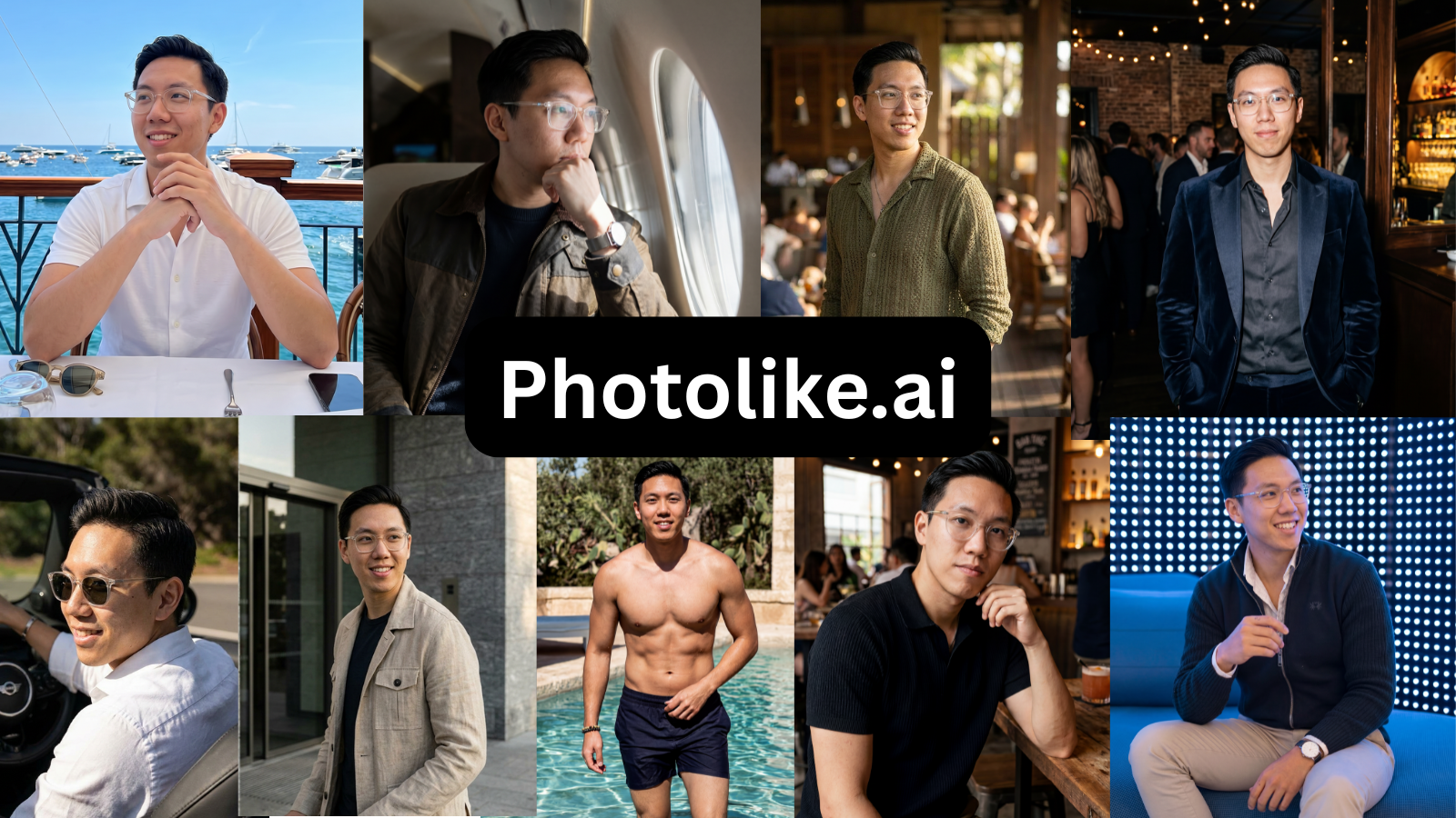 Eight images of an Asian man in different environments, with "Photolike.ai" overlaid.