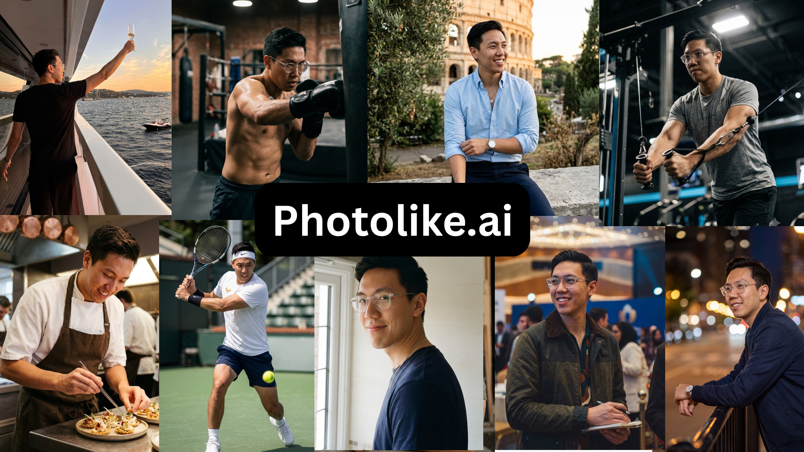 This image displays a nine-panel collage featuring an Asian man engaged in various activities.