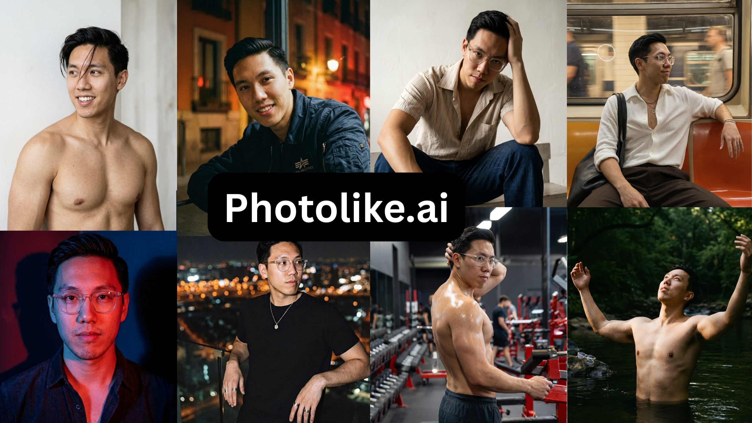 A collage showing an Asian man in various settings including a gym and outdoors, with "Photolike.ai" overlaid.