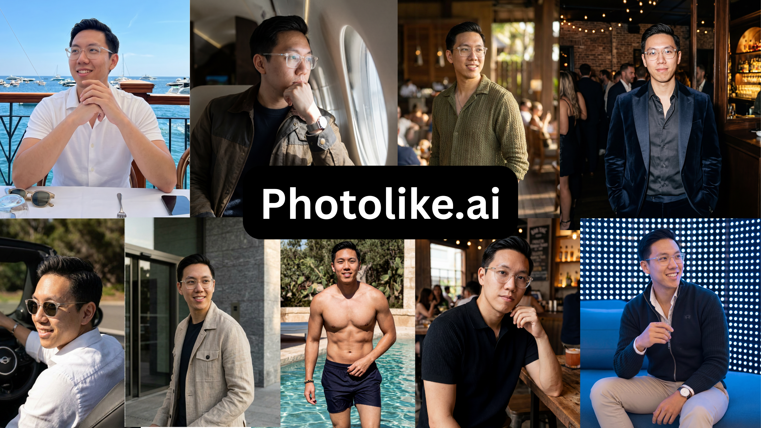 A grid of nine images showcasing one man posing in various settings and outfits.