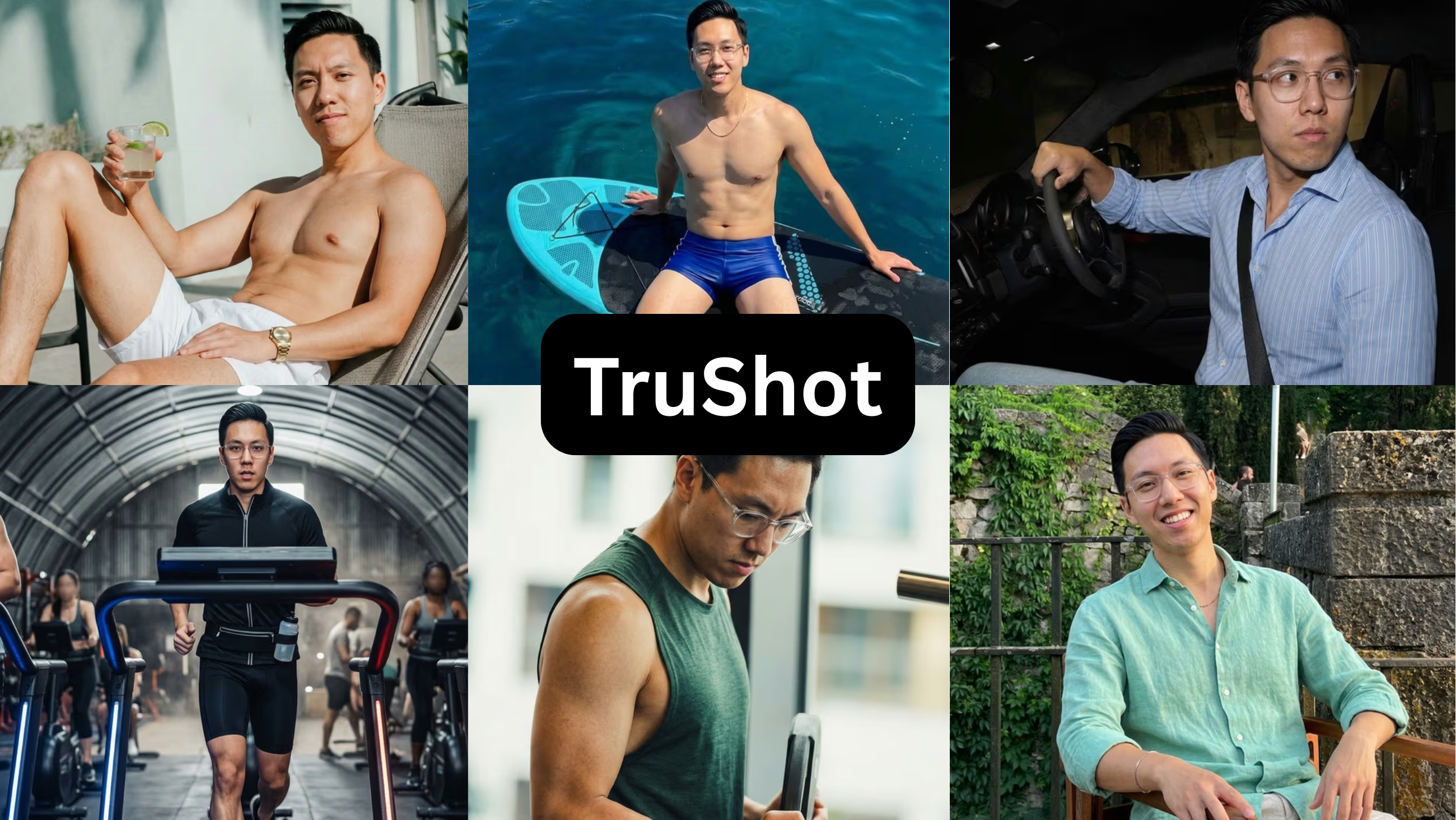 A man is shown in six different lifestyle settings, fitness, vacation, and work.