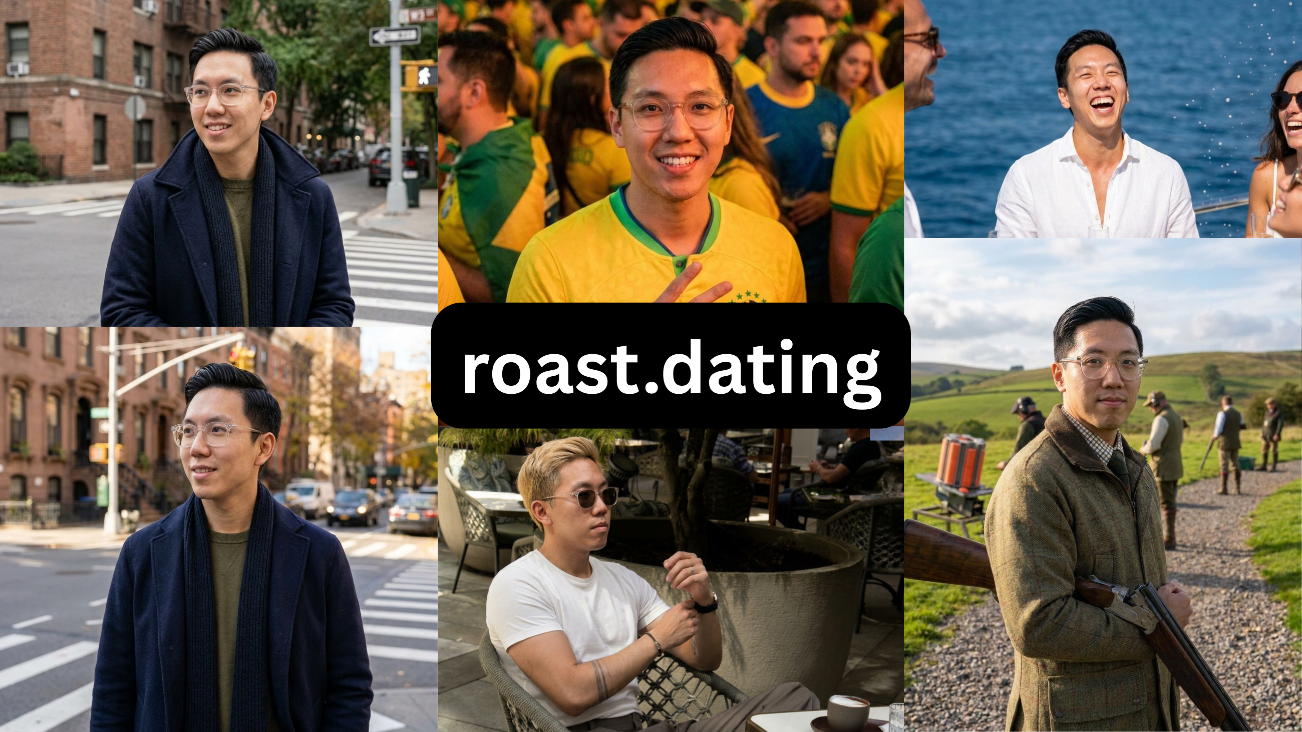 A grid of five images showing a man in different settings, with "roast.dating" text overlaid.