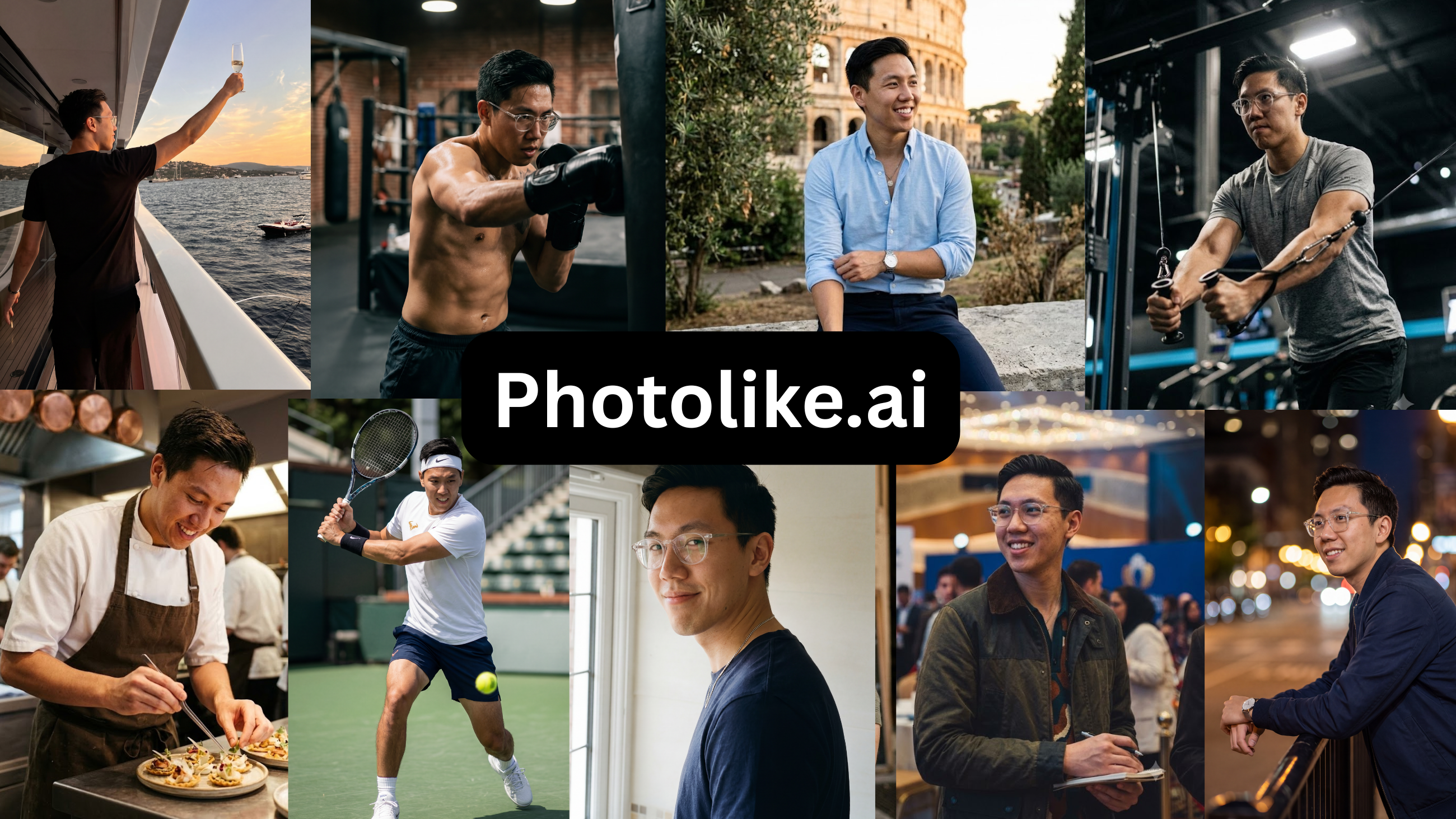 Collage showcasing a man engaged in various activities, from relaxing on a yacht to playing tennis.