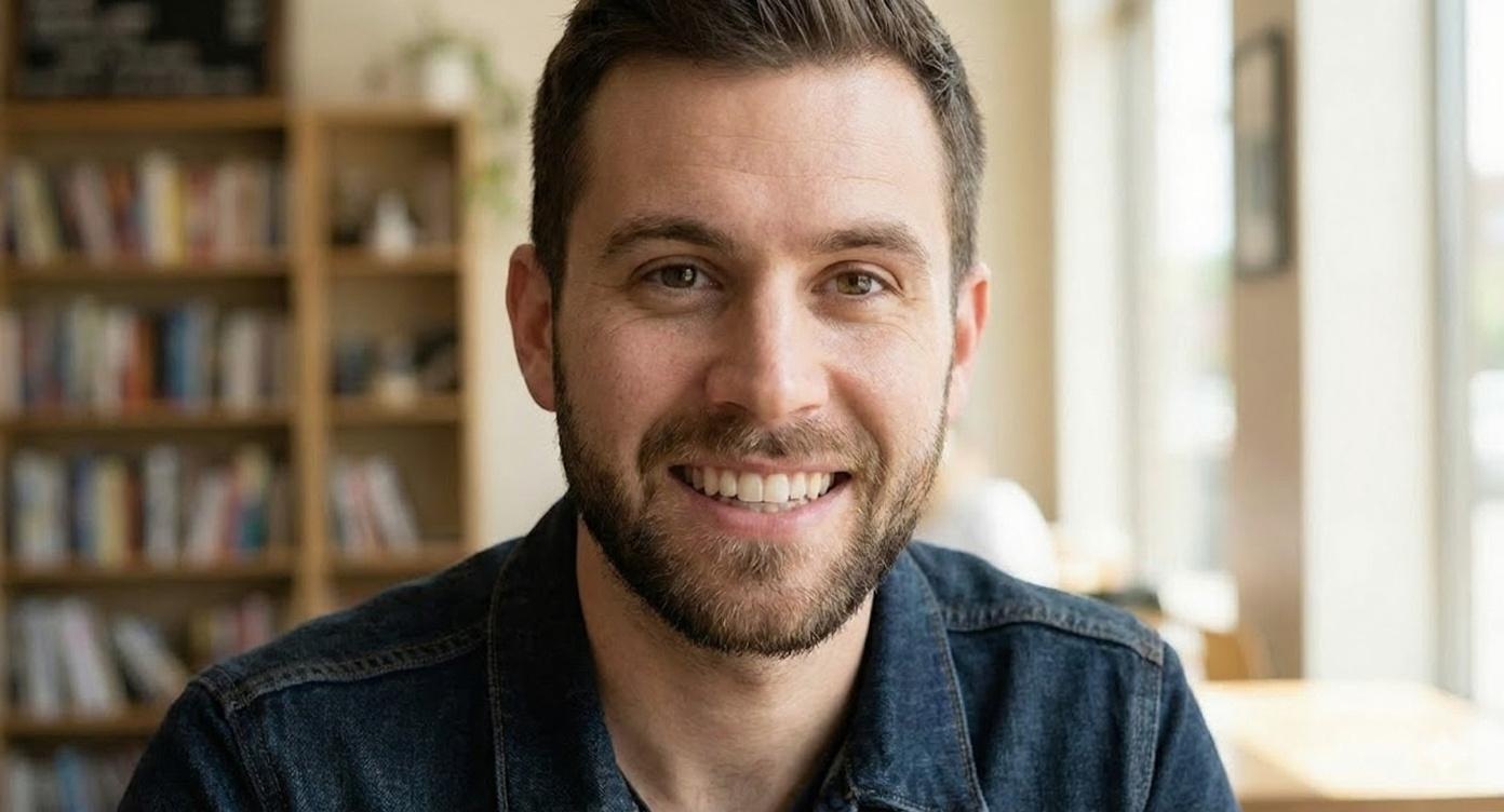 A smiling young man in a denim jacket with a beard looks at the camera.